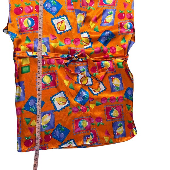 Vintage Vassarette Robe Size Large Kimono Fruit Colorful Orange Satin 90s Retro - Picture 9 of 9